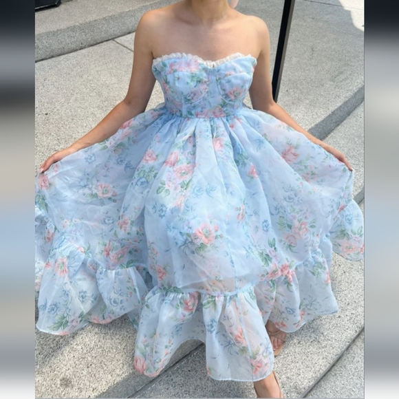 NWT Free People x Selkie 'French Corset Puff Dress' in Blue Floral - Picture 9 of 11